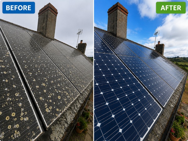 sp1 Before and after solar panel cleaning on a house